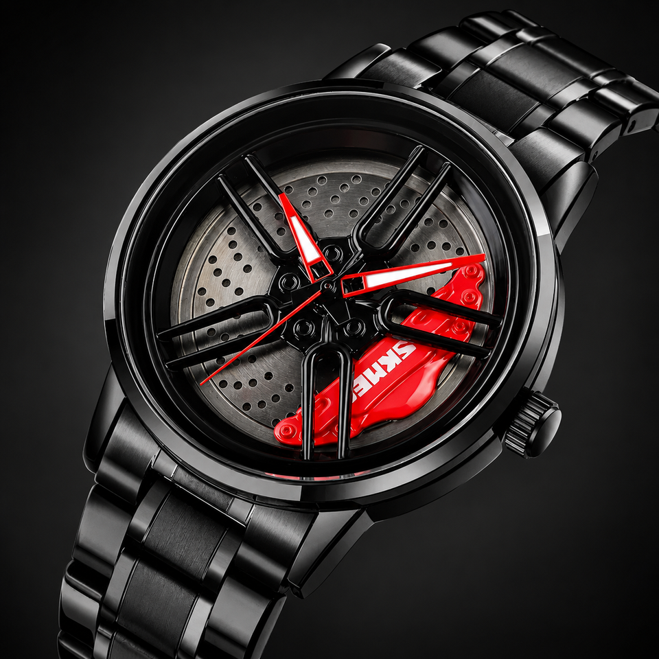 Black Red Sport Rim Watch with Stainless Steel Strap Rotating Watch