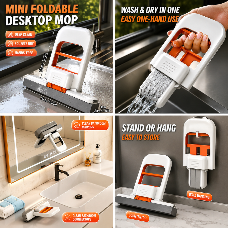 Foldable Mini Mop | Portable Desktop Wet & Dry Cleaning Mop | Self‑Squeezing