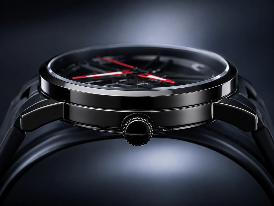 Black Red Sport Rim Watch with Stainless Steel Strap Rotating Watch