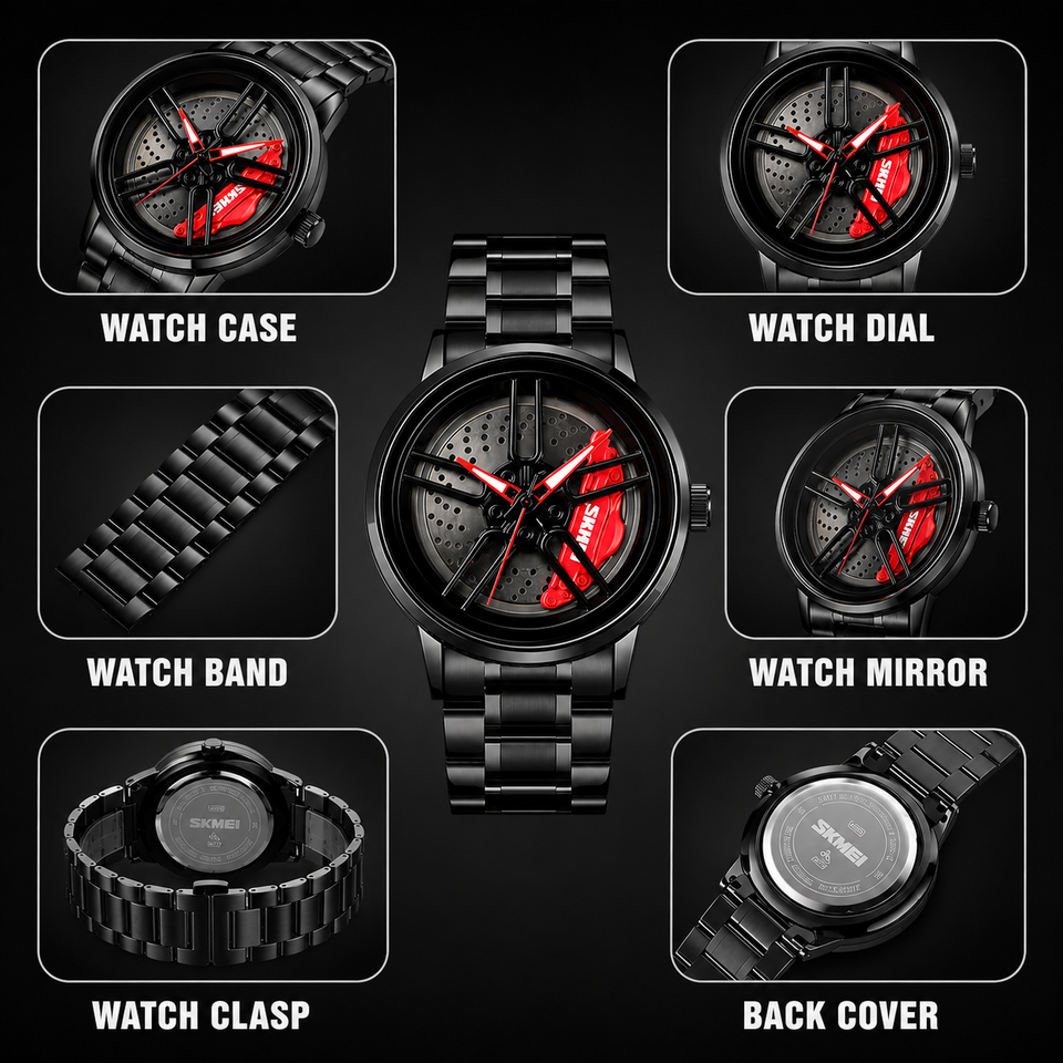 Black Red Sport Rim Watch with Stainless Steel Strap Rotating Watch